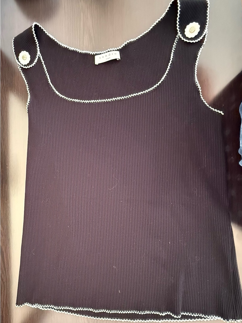 Sandro Black Ribbed Tank with Daisy Style Shoulder Buttons - Picture 2 of 4